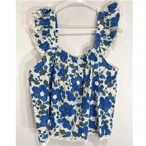 Jennifer Grace Women's Floral Lace Trim Tank Top Sleeveless Blue Size‎ L